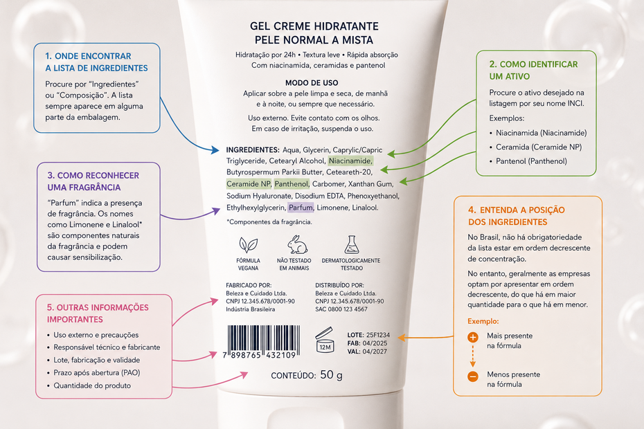 Muito al&eacute;m do marketing da embalagem, o r&oacute;tulo revela quais ingredientes fazem parte da f&oacute;rmula, onde identificar os ativos, como reconhecer fragr&acirc;ncias e quais informa&ccedil;&otilde;es s&atilde;o obrigat&oacute;rias. Neste infogr&aacute;fico, mostramos os principais pontos para interpretar um r&oacute;tulo de forma simples e baseada em evid&ecirc;ncias.